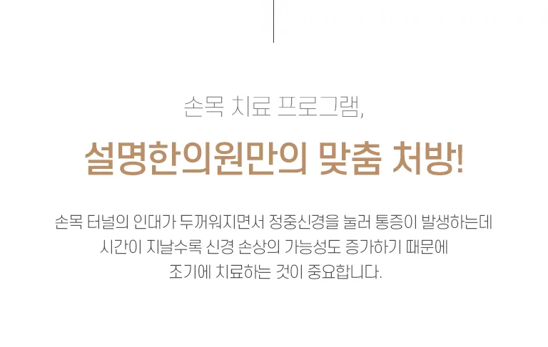 설명한의원 손목 치료 프로그램 안내. 손목 터널 인대가 두꺼워져 정중신경을 눌러 통증이 생기며 조기 치료의 중요성을 설명하는 진료소개 이미지. 손목 치료 프로그램, 설명한의원만의 맞춤 처방! 손목 터널의 인대가 두꺼워지면서 정중신경을 눌러 통증이 발생하는데 시간이 지날수록 신경 손상의 가능성도 증가하기 때문에 조기에 치료하는 것이 중요합니다.