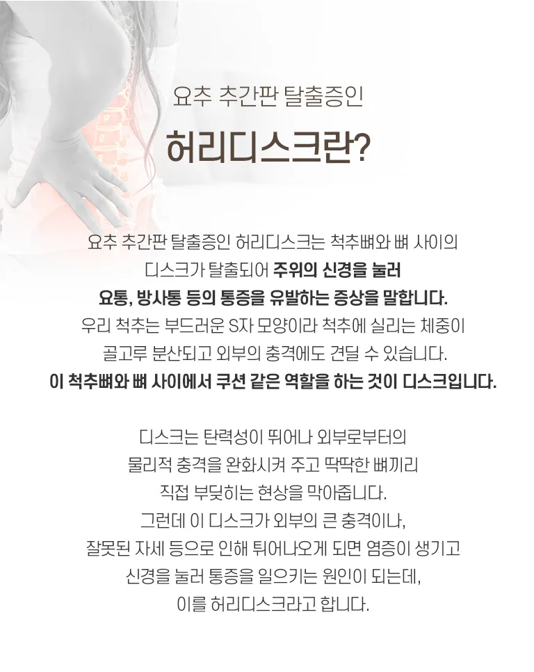 요추 추간판 탈출증인 허리디스크 설명 이미지로, 척추뼈 사이 디스크 탈출과 요통·방사통 등 통증 발생 과정을 안내. 요추 추간판 탈출증인 허리디스크란? 요추 추간판 탈출증인 허리디스크는 척추뼈와 뼈 사이의 디스크가 탈출되어 주위의 신경을 눌러 요통, 방사통 등의 통증을 유발하는 증상을 말합니다. 우리 척추는 부드러운 S자 모양이라 척추에 실리는 체중이 골고루 분산되고 외부의 충격에도 견딜 수 있습니다. 이 척추뼈와 뼈 사이에서 쿠션 같은 역할을 하는 것이 디스크입니다. 디스크는 탄력성이 뛰어나 외부로부터의 물리적 충격을 완화시켜 주고 딱딱한 뼈끼리 직접 부딪히는 현상을 막아줍니다. 그런데 이 디스크가 외부의 큰 충격이나, 잘못된 자세 등으로 인해 튀어나오게 되면 염증이 생기고 신경을 눌러 통증을 일으키는 원인이 되는데, 이를 허리디스크라고 합니다.