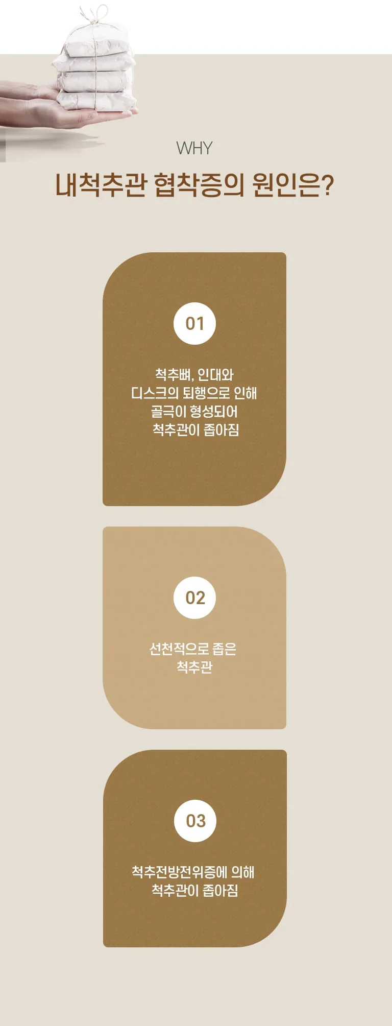 척추관 협착증의 원인 세 가지를 설명한 인포그래픽으로, 한약 봉지 사진과 함께 퇴행·선천적 협소·척추전방전위증 항목을 정리한 이미지. WHY 내 척추관 협착증의 원인은? 01 척추뼈, 인대와 디스크의 퇴행으로 인해 골극이 형성되어 척추관이 좁아짐 02 선천적으로 좁은 척추관 03 척추전방전위증에 의해 척추관이 좁아짐